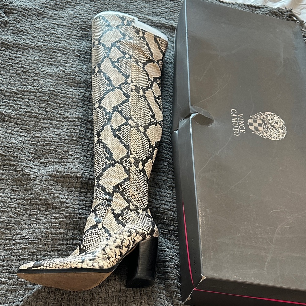 Vince Camuto Over the Knee Snakeskin Boots - Black and Cream